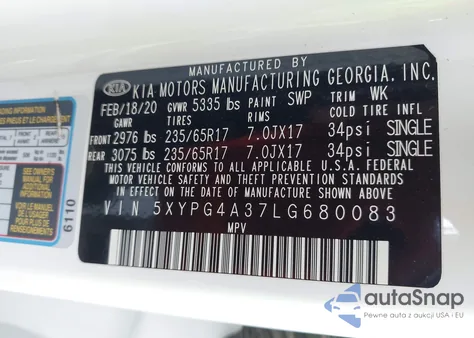 2020 Kia Sorento L/Lx из США, поврежденный, VIN 5XYPG4A37LG680083